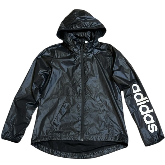 Adidas Essentials Linear Track Windbreaker Jacket Hood Black/White Lined Small - Picture 1 of 12